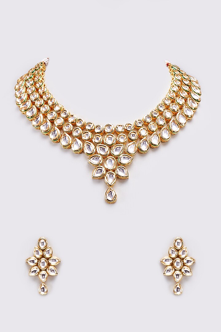 Gold Finish Kundan Polki Necklace Set by VASTRAA Jewellery at Pernia's Pop Up Shop
