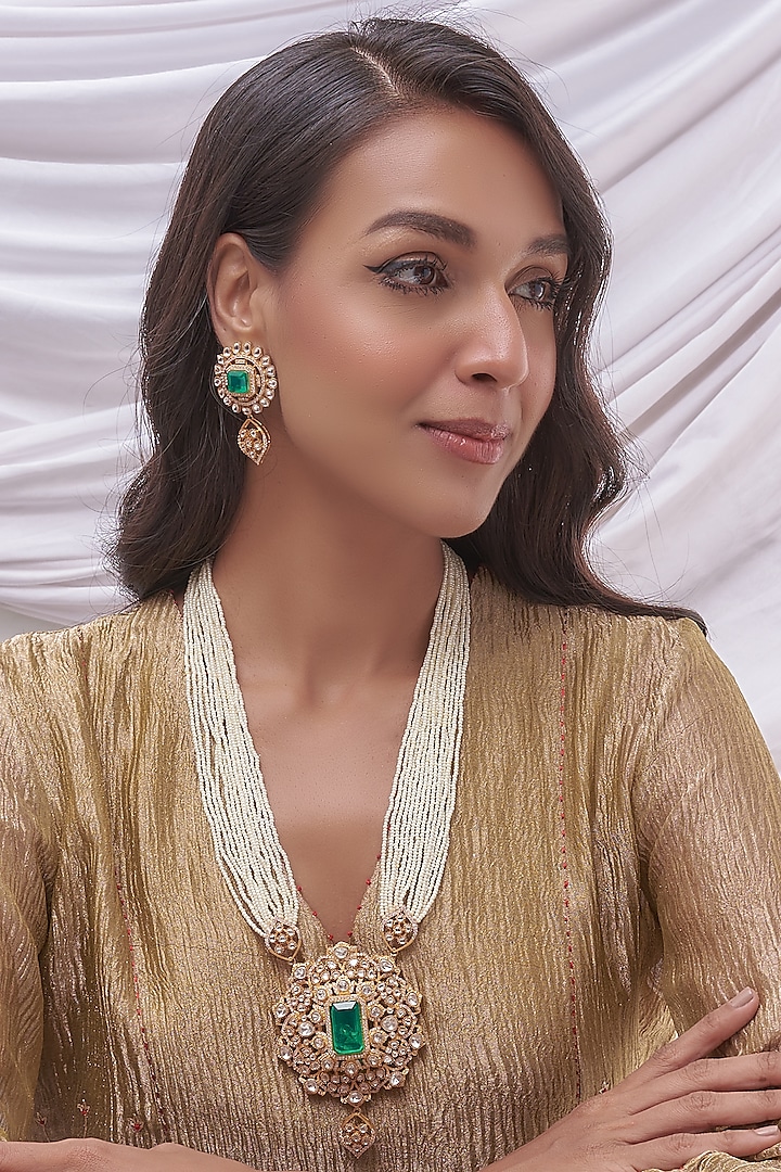 Gold Finish Kundan Polki & Green Stone Long Necklace Set by VASTRAA Jewellery at Pernia's Pop Up Shop