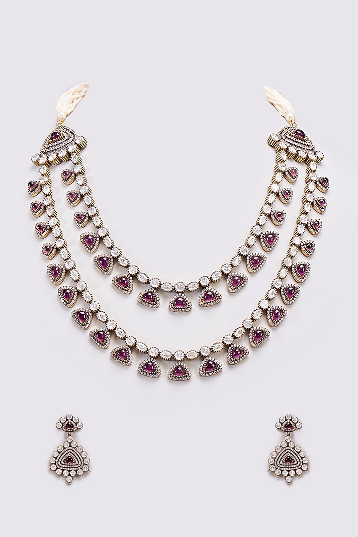 Gold Finish Kundan Polki & Purple Stone Layered Necklace Set by VASTRAA Jewellery at Pernia's Pop Up Shop
