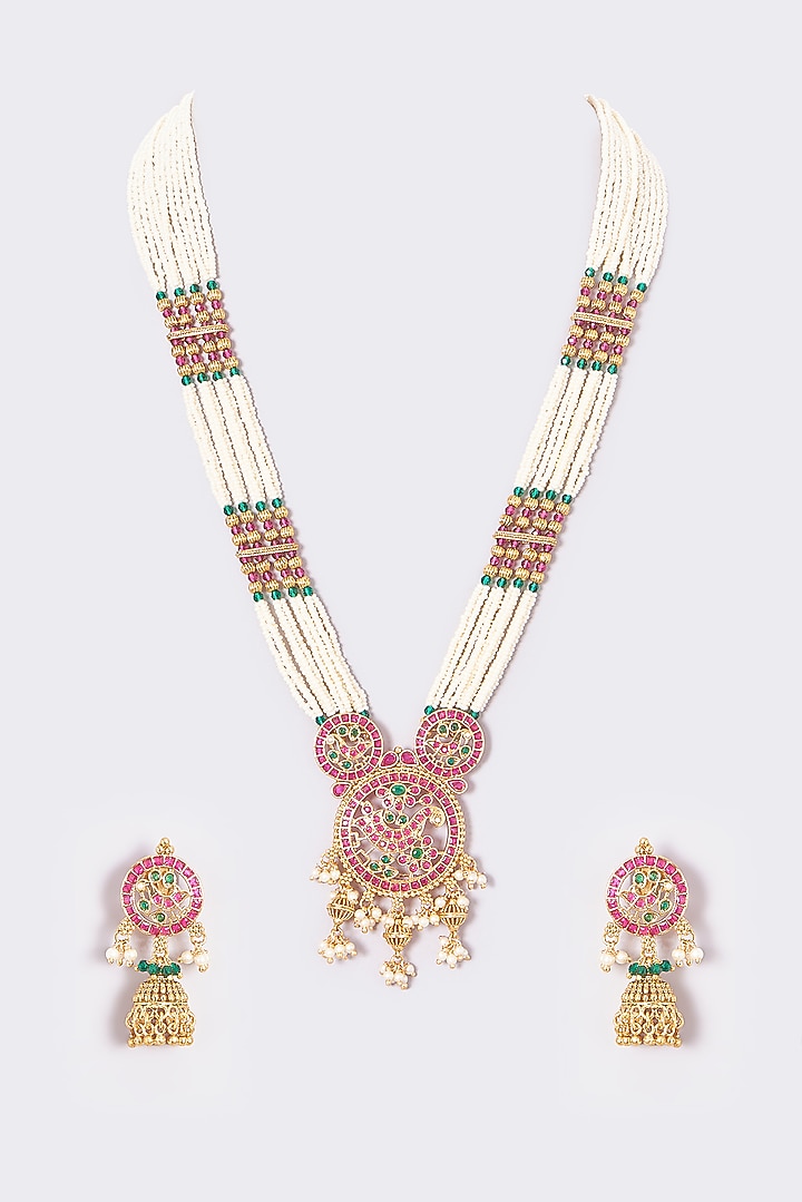 Gold Finish Kundan Polki & Synthetic Stone Temple Long Necklace Set by VASTRAA Jewellery at Pernia's Pop Up Shop