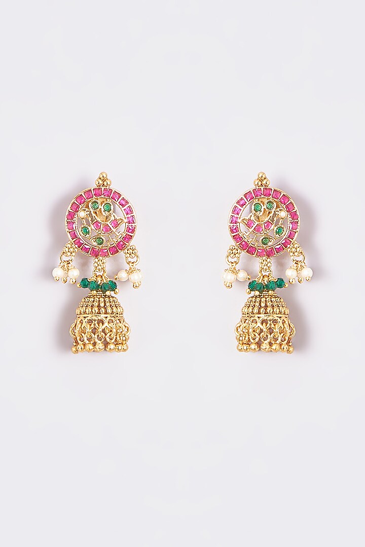 Gold Finish Kundan Polki & Synthetic Stone Temple Long Necklace Set by VASTRAA Jewellery at Pernia's Pop Up Shop