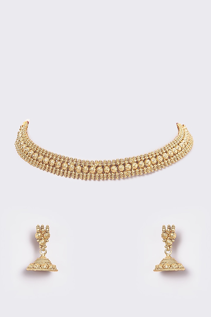 Gold Finish Kundan Polki Temple Choker Necklace Set by VASTRAA Jewellery at Pernia's Pop Up Shop