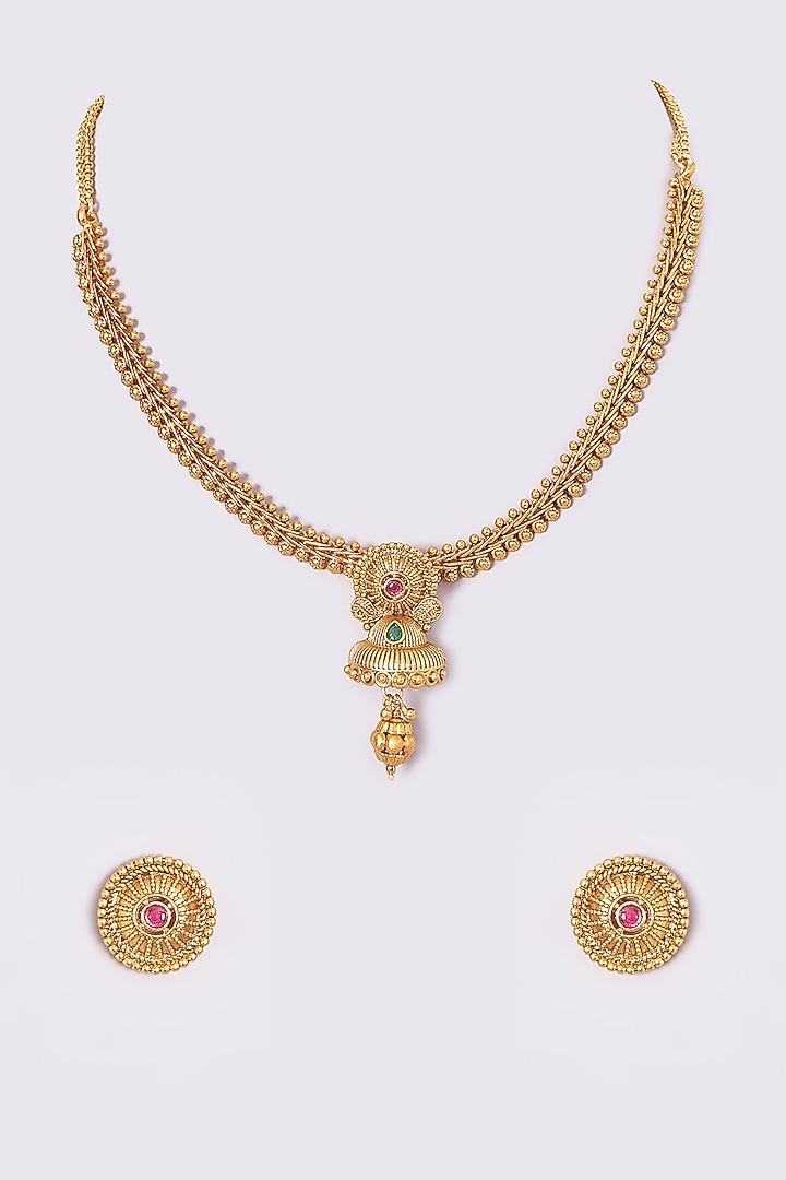 Gold Finish Temple Necklace Set by VASTRAA Jewellery at Pernia's Pop Up Shop