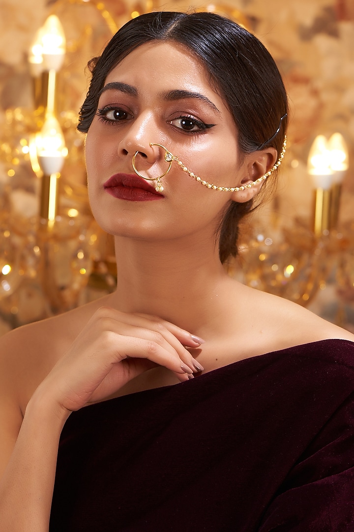 Gold Finish Kundan Polki & Pearl Nose Ring by VASTRAA Jewellery at Pernia's Pop Up Shop