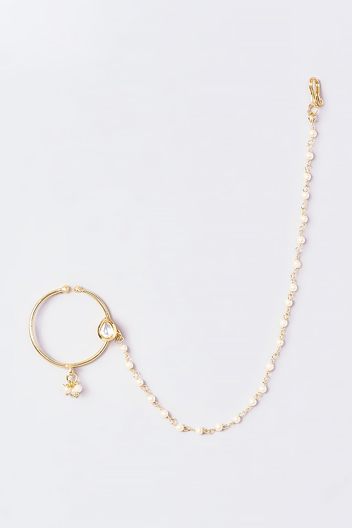 Gold Finish Kundan Polki & Pearl Nose Ring by VASTRAA Jewellery at Pernia's Pop Up Shop