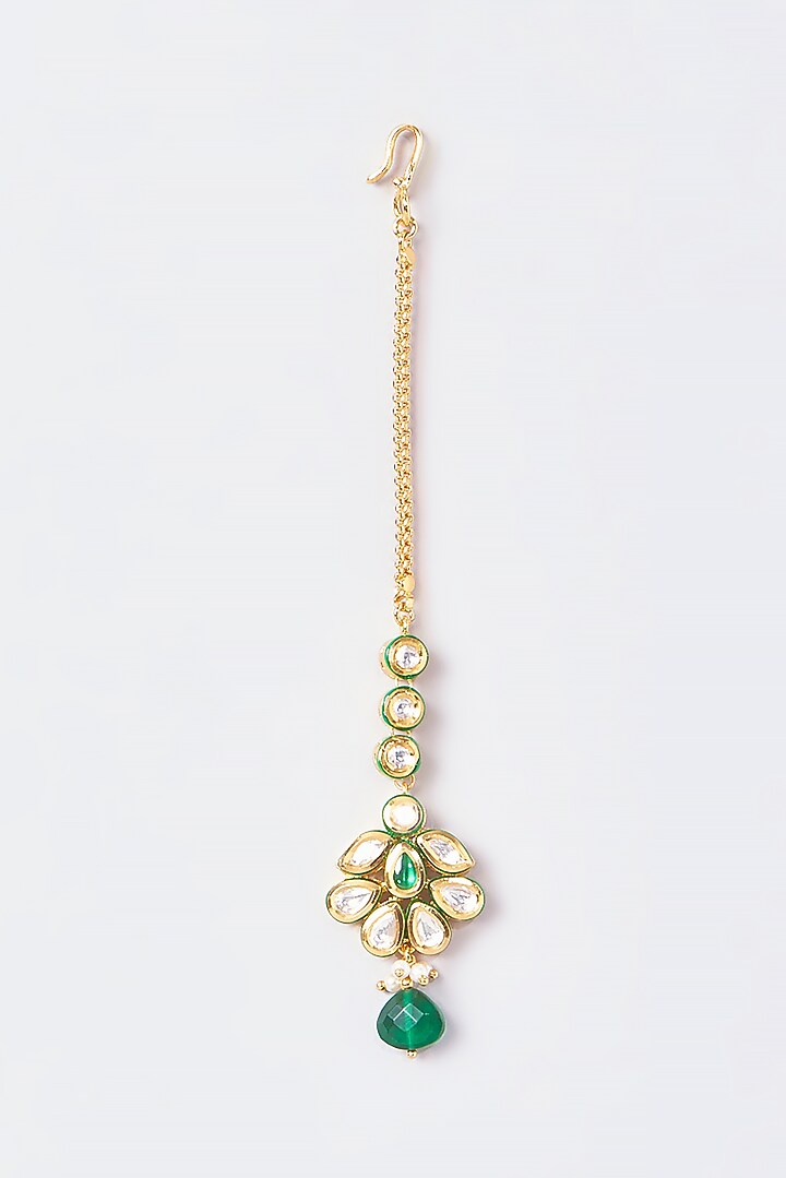 Gold Finish Kundan Polki & Green Beaded Maangtikka by VASTRAA Jewellery at Pernia's Pop Up Shop