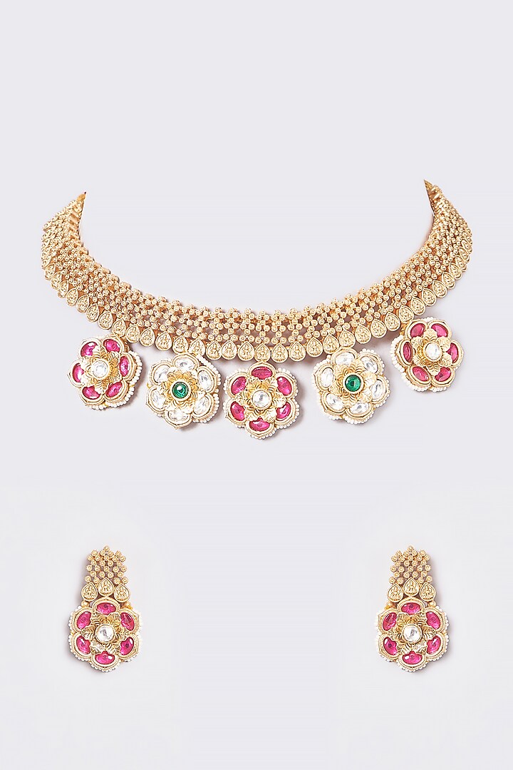 Gold Finish Pearl Temple Necklace Set by VASTRAA Jewellery at Pernia's Pop Up Shop
