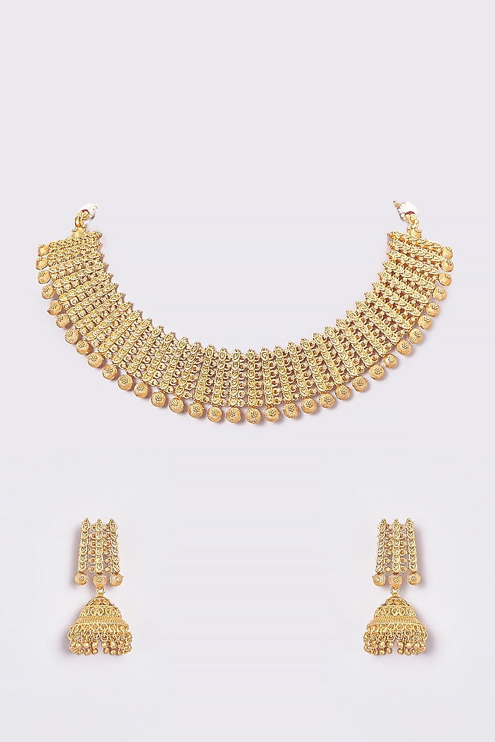Gold Finish Kundan Polki Temple Necklace Set by VASTRAA Jewellery at Pernia's Pop Up Shop