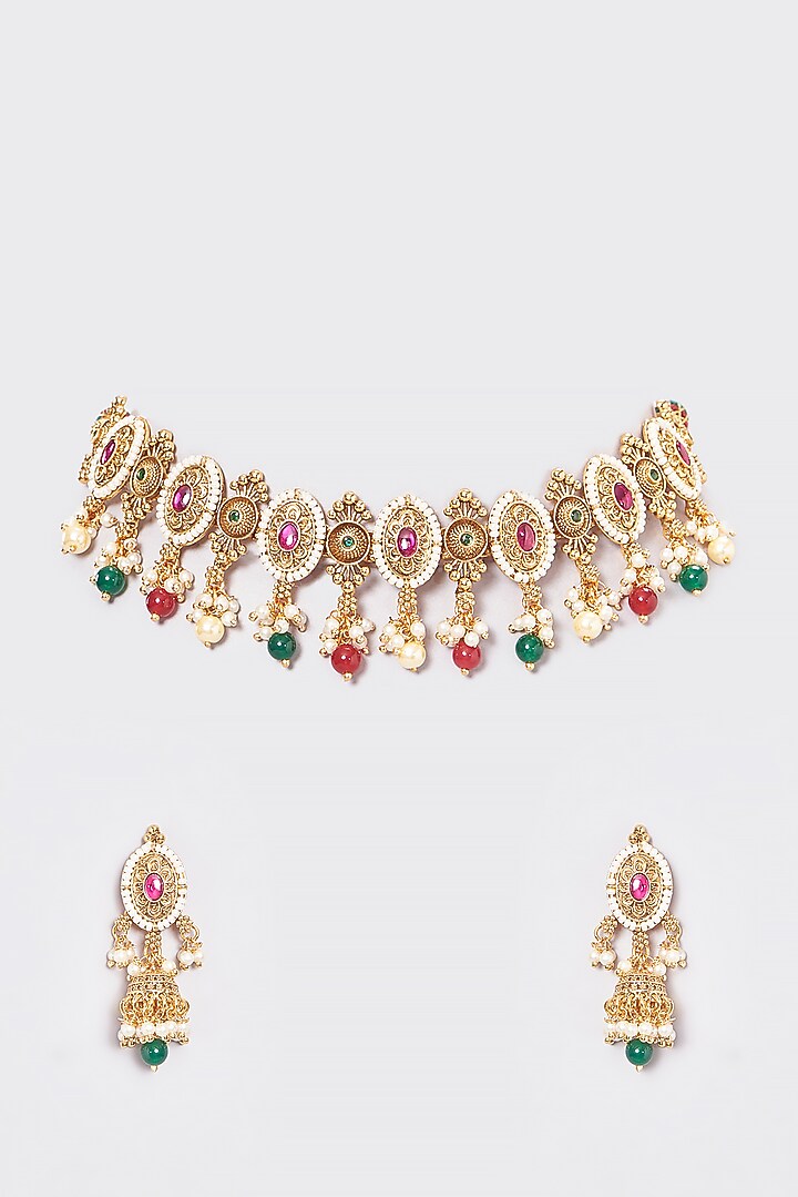 Gold Finish Kundan Polki & Multi-Colored Stone Temple Choker Necklace Set by VASTRAA Jewellery at Pernia's Pop Up Shop