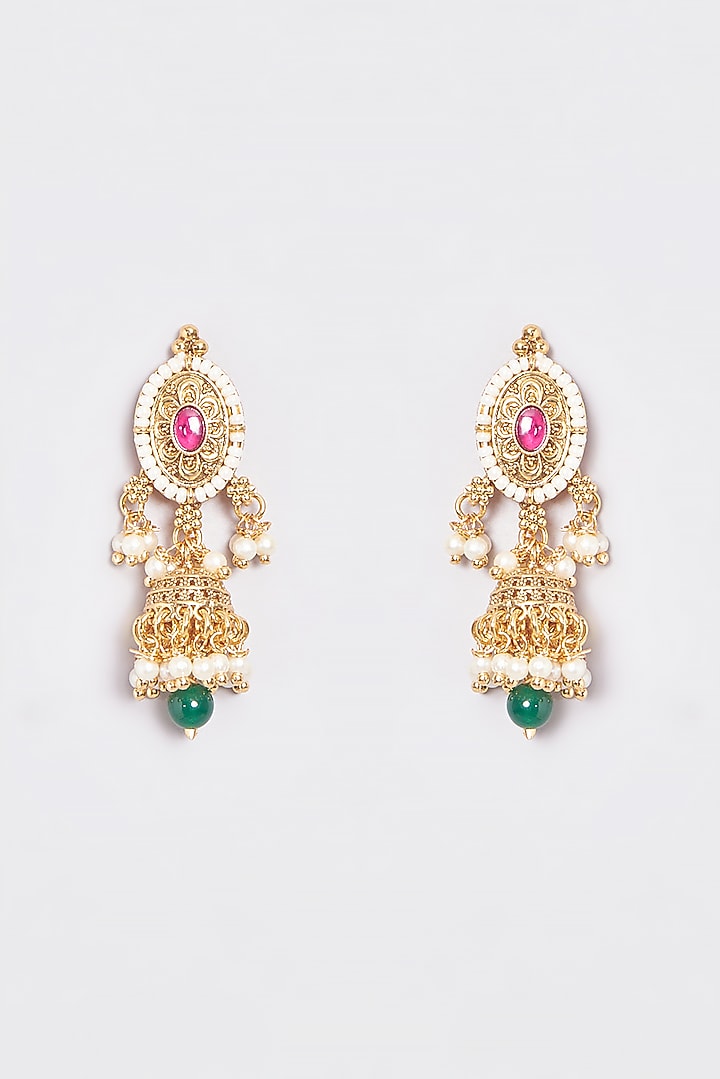 Gold Finish Kundan Polki & Multi-Colored Stone Temple Choker Necklace Set by VASTRAA Jewellery at Pernia's Pop Up Shop