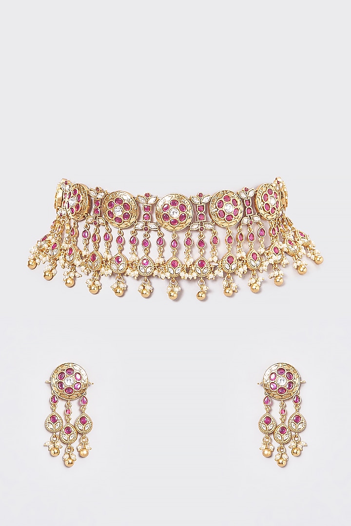 Gold Finish Kundan Polki & Red Stone Temple Choker Necklace Set by VASTRAA Jewellery at Pernia's Pop Up Shop