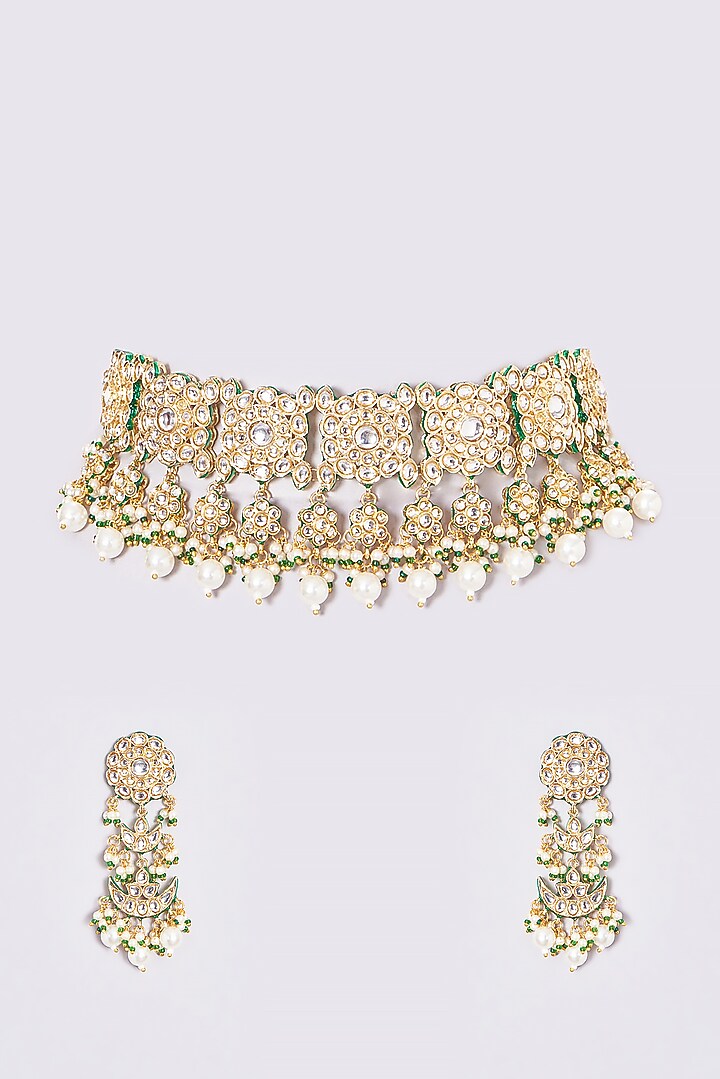 Gold Finish Kundan Polki & Pearl Temple Choker Necklace Set by VASTRAA Jewellery at Pernia's Pop Up Shop