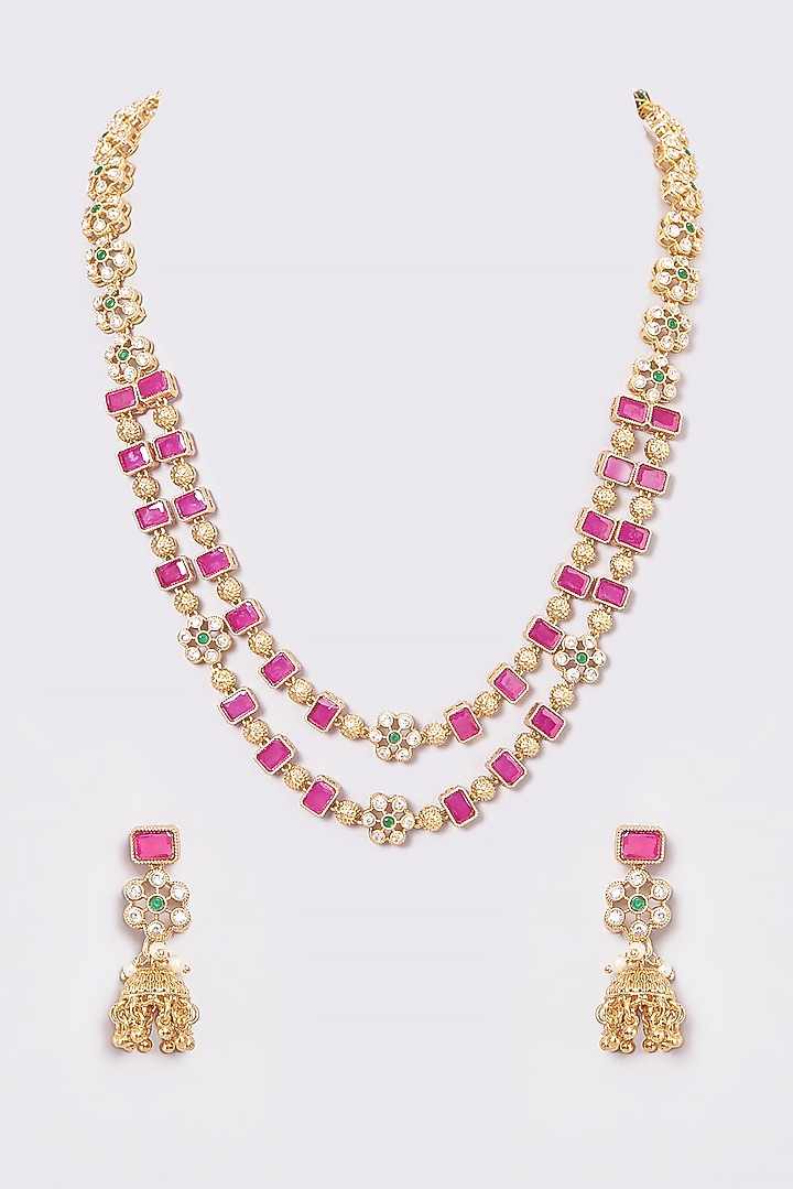 Gold Finish Kundan Polki & Ruby Stone Temple Layered Necklace Set by VASTRAA Jewellery at Pernia's Pop Up Shop
