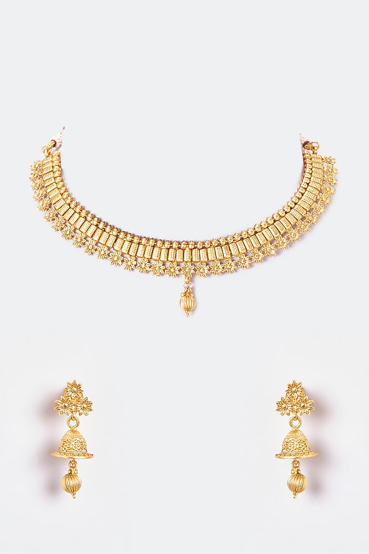 Gold Finish Kundan Polki Temple Necklace Set by VASTRAA Jewellery at Pernia's Pop Up Shop