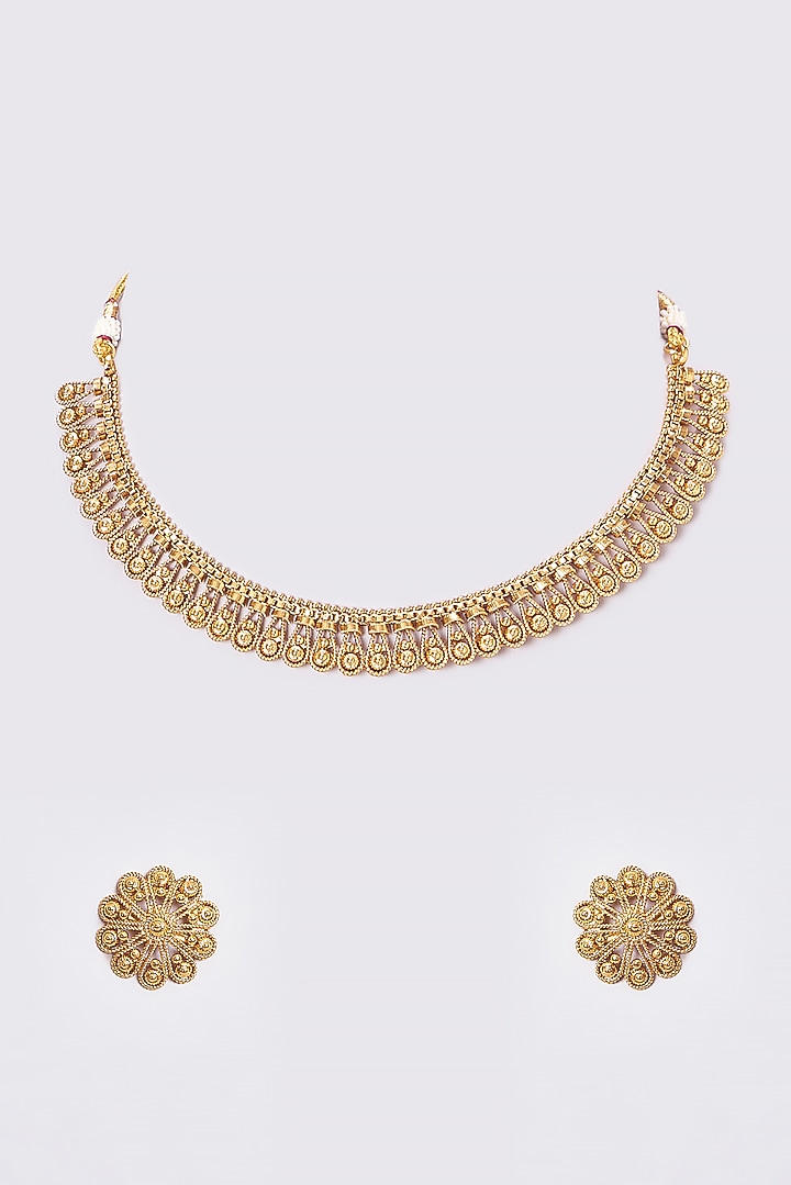 Gold Finish Kundan Polki Temple Necklace Set by VASTRAA Jewellery at Pernia's Pop Up Shop