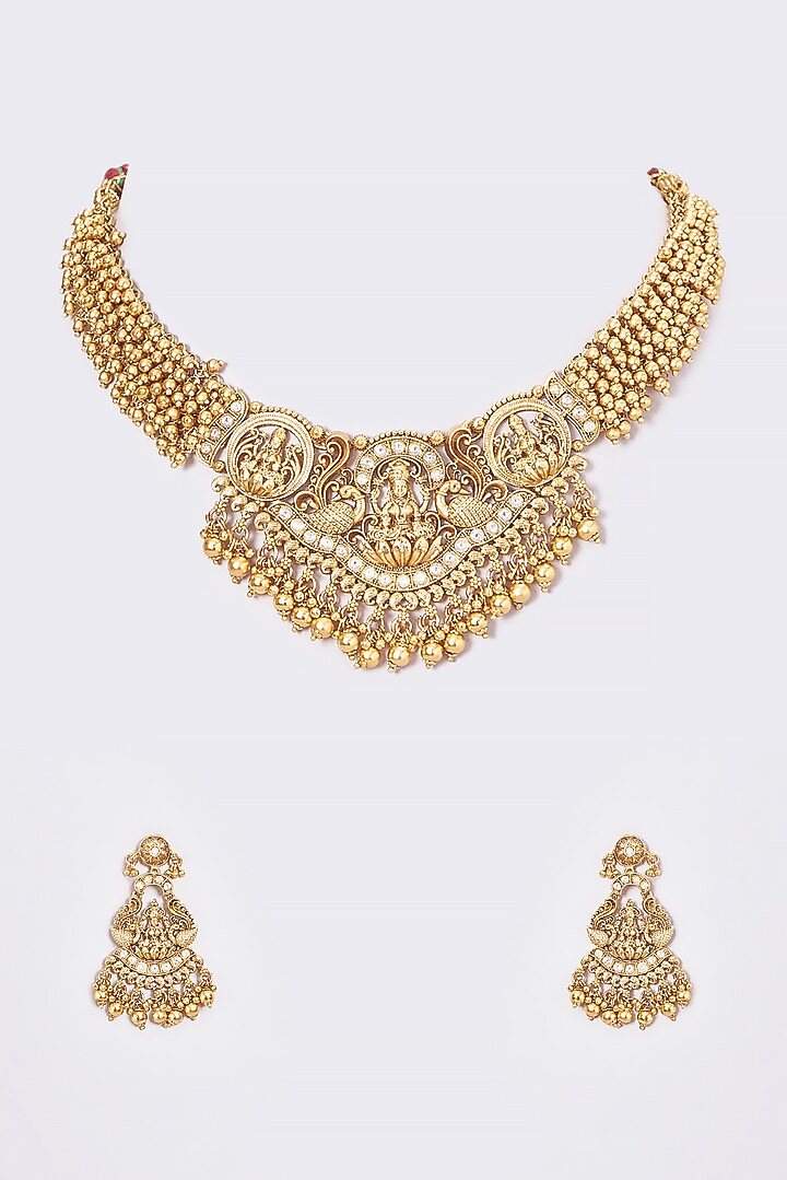 Gold Finish Kundan Polki Temple Necklace Set by VASTRAA Jewellery at Pernia's Pop Up Shop