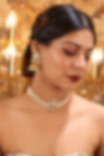 Gold Finish Kundan Polki & Pearl Temple Choker Necklace Set by VASTRAA Jewellery at Pernia's Pop Up Shop
