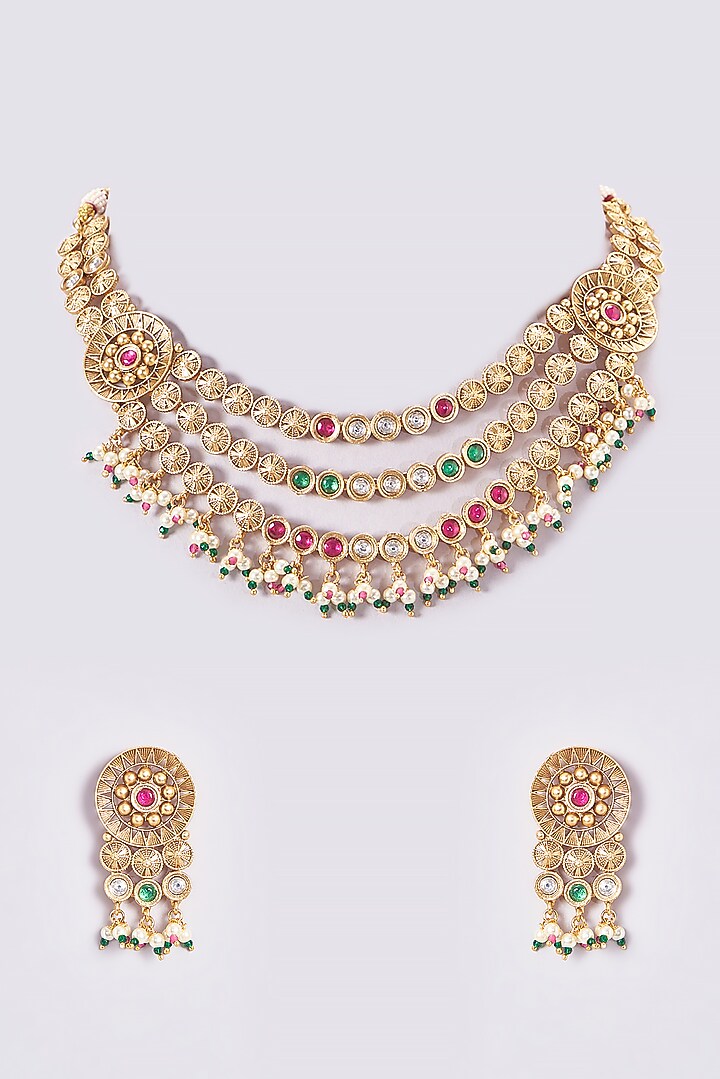 Gold Finish Kundan Polki & Multi-Colored Stone Temple Choker Necklace Set by VASTRAA Jewellery at Pernia's Pop Up Shop