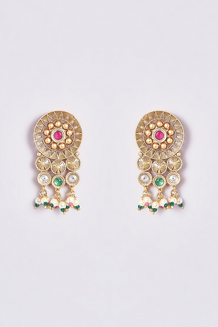 Gold Finish Kundan Polki & Multi-Colored Stone Temple Choker Necklace Set by VASTRAA Jewellery at Pernia's Pop Up Shop