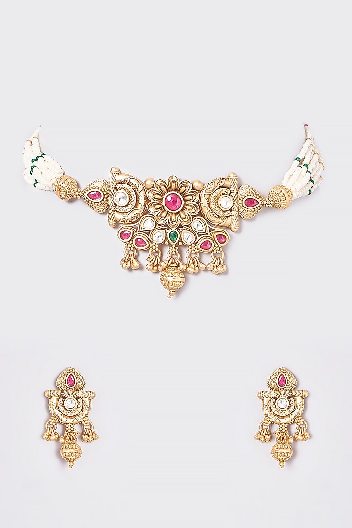 Gold Finish Kundan Polki & Multi-Colored Stone Temple Choker Necklace Set by VASTRAA Jewellery at Pernia's Pop Up Shop