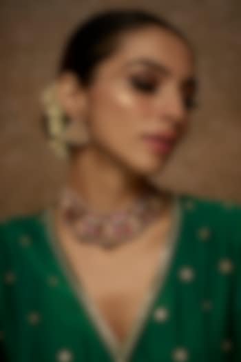 Gold Finish Kundan Polki Temple Necklace Set With Multi-Colored Stones by VASTRAA Jewellery at Pernia's Pop Up Shop