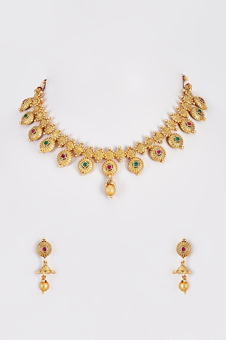 Gold Finish Kundan Polki Temple Necklace Set With Multi-Colored Stones by VASTRAA Jewellery at Pernia's Pop Up Shop