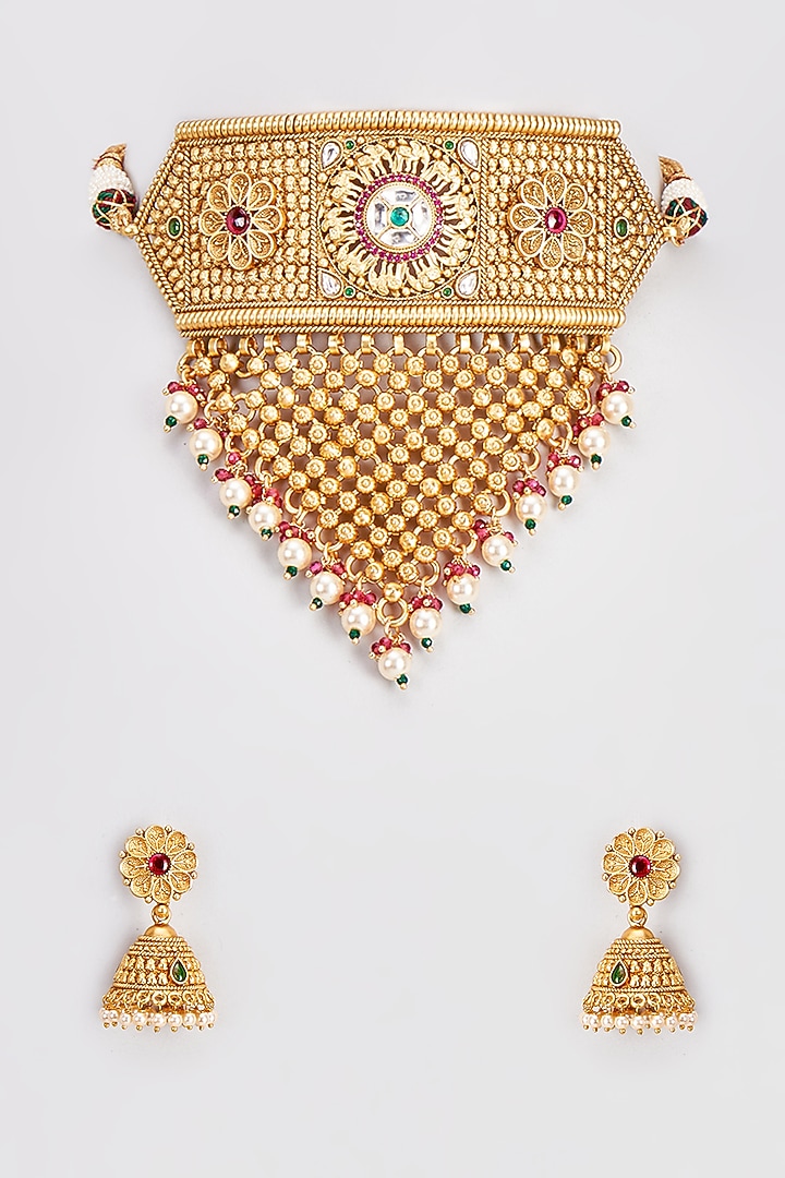 Gold Finish Kundan Polki Temple Choker Necklace Set With Multi-Colored Stones by VASTRAA Jewellery at Pernia's Pop Up Shop