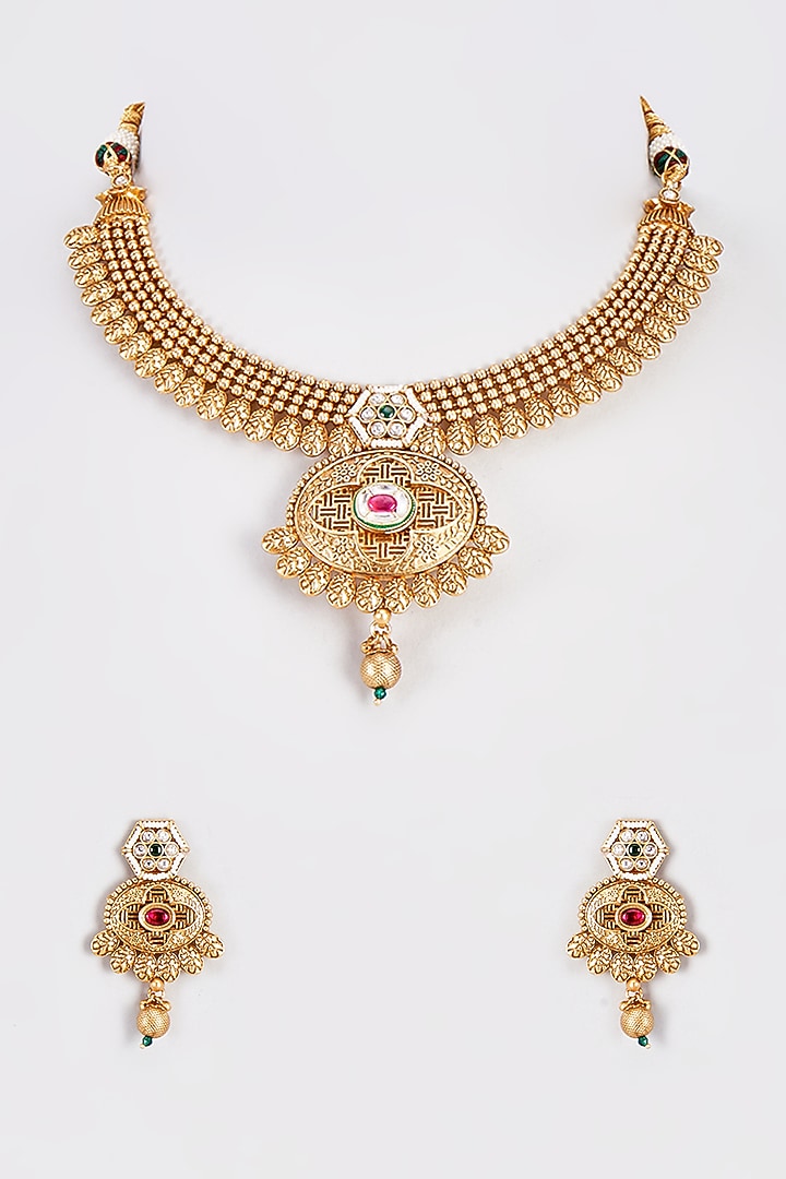 Gold Finish Kundan Polki Temple Necklace Set With Multi-Colored Stones by VASTRAA Jewellery at Pernia's Pop Up Shop