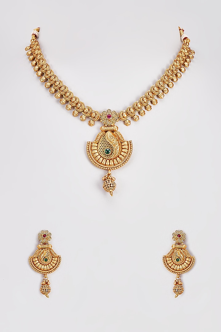 Gold Finish Kundan Polki Temple Necklace Set With Multi-Colored Stones by VASTRAA Jewellery at Pernia's Pop Up Shop