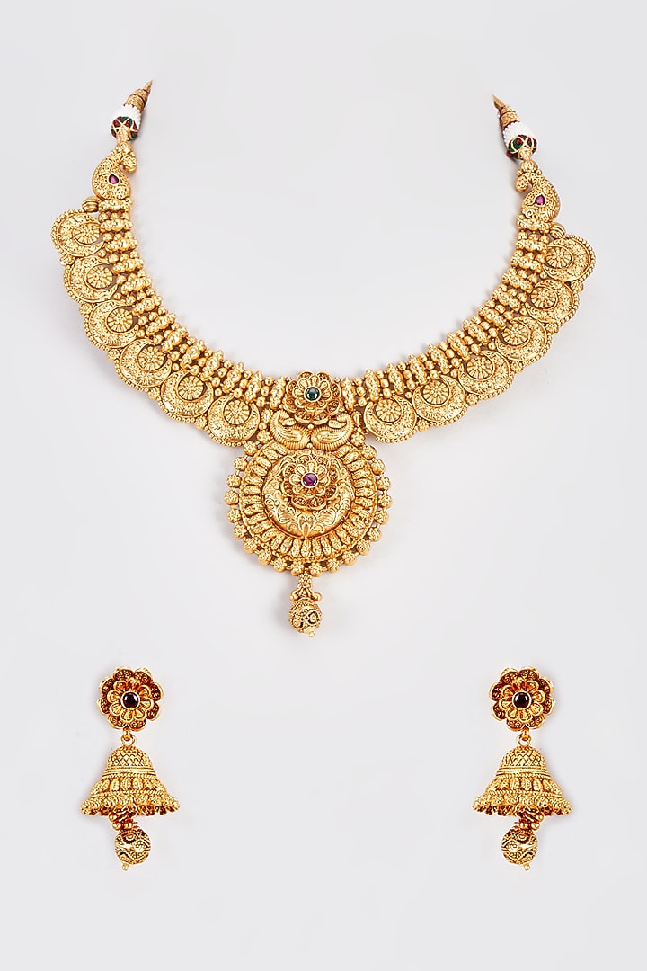 Gold Finish Kundan Polki Temple Necklace Set With Multi-Colored Stones by VASTRAA Jewellery at Pernia's Pop Up Shop