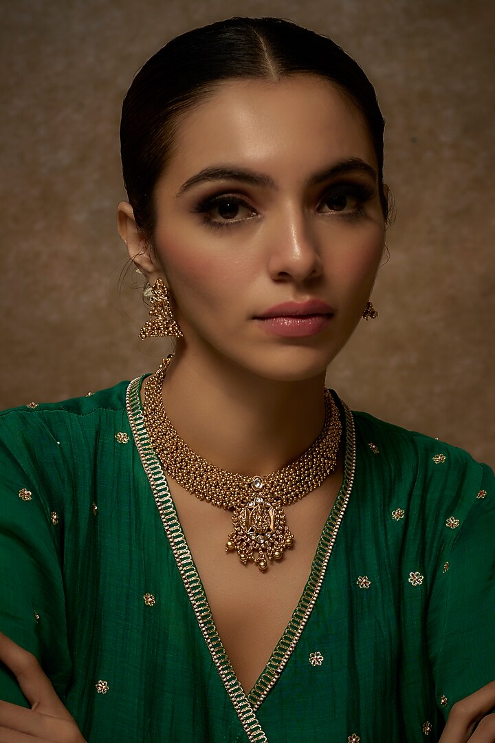 Gold Finish Kundan Polki Temple Necklace Set by VASTRAA Jewellery at Pernia's Pop Up Shop