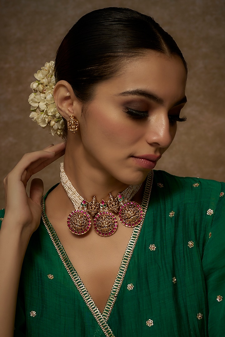 Gold Finish Kundan Polki Temple Necklace Set by VASTRAA Jewellery at Pernia's Pop Up Shop