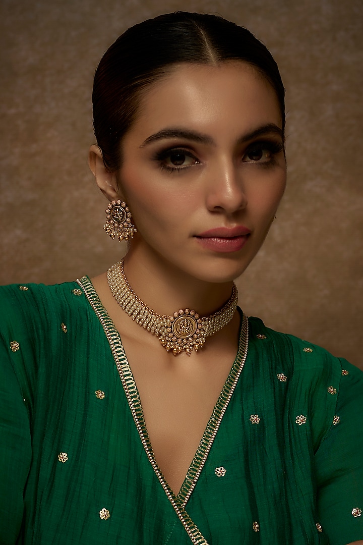 Gold Finish Pearl Temple Choker Necklace Set by VASTRAA Jewellery at Pernia's Pop Up Shop