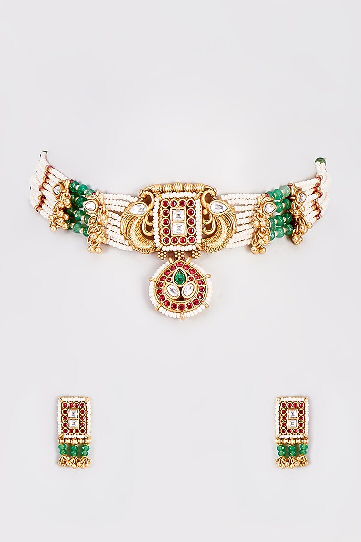 Gold Finish Temple Choker Necklace Set With Multi-Colored Stones by VASTRAA Jewellery at Pernia's Pop Up Shop