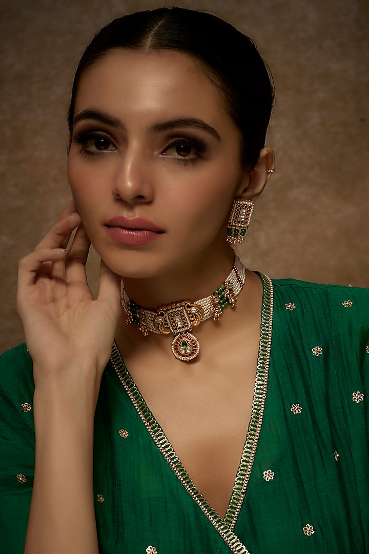 Gold Finish Temple Choker Necklace Set With Multi-Colored Stones by VASTRAA Jewellery at Pernia's Pop Up Shop