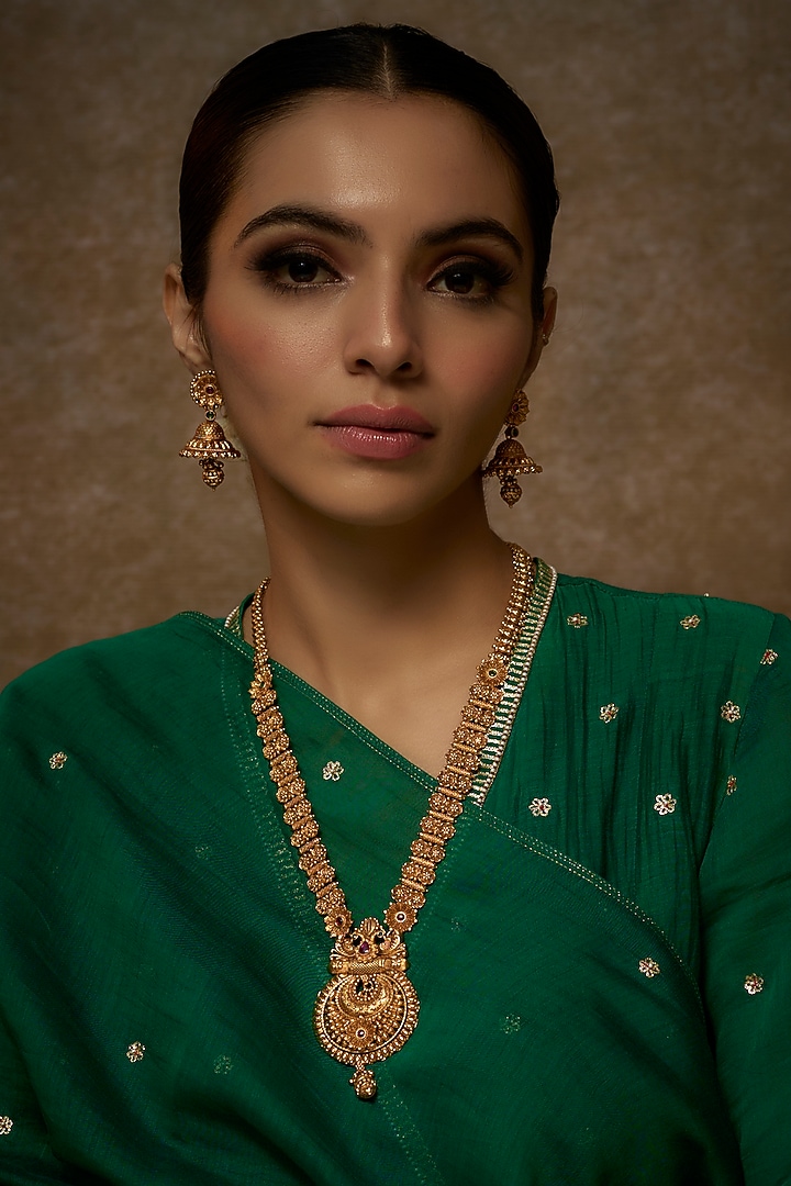 Gold Finish Kundan Polki Temple Long Necklace Set by VASTRAA Jewellery at Pernia's Pop Up Shop