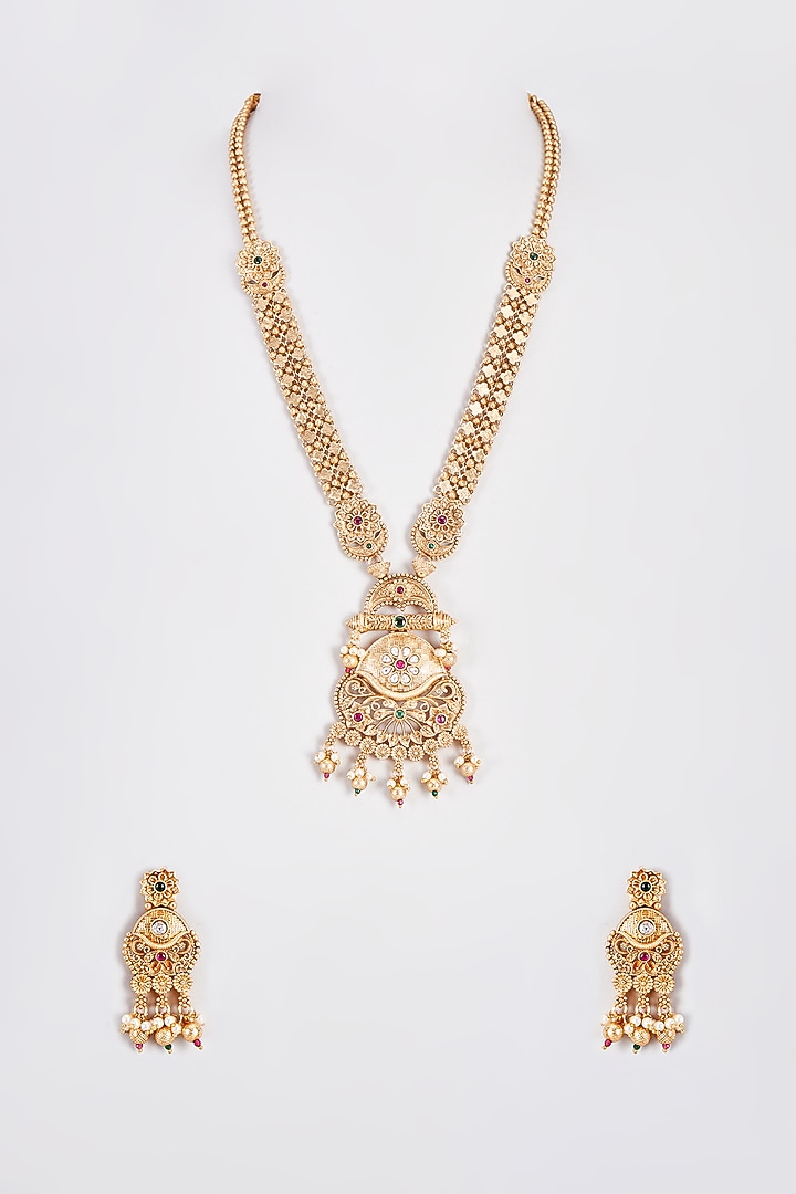 Gold Finish Kundan Polki Temple Long Necklace Set With Multi-Colored Stones by VASTRAA Jewellery at Pernia's Pop Up Shop