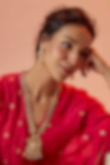 Gold Finish Kundan Polki Temple Long Necklace Set With Multi-Colored Stones by VASTRAA Jewellery at Pernia's Pop Up Shop