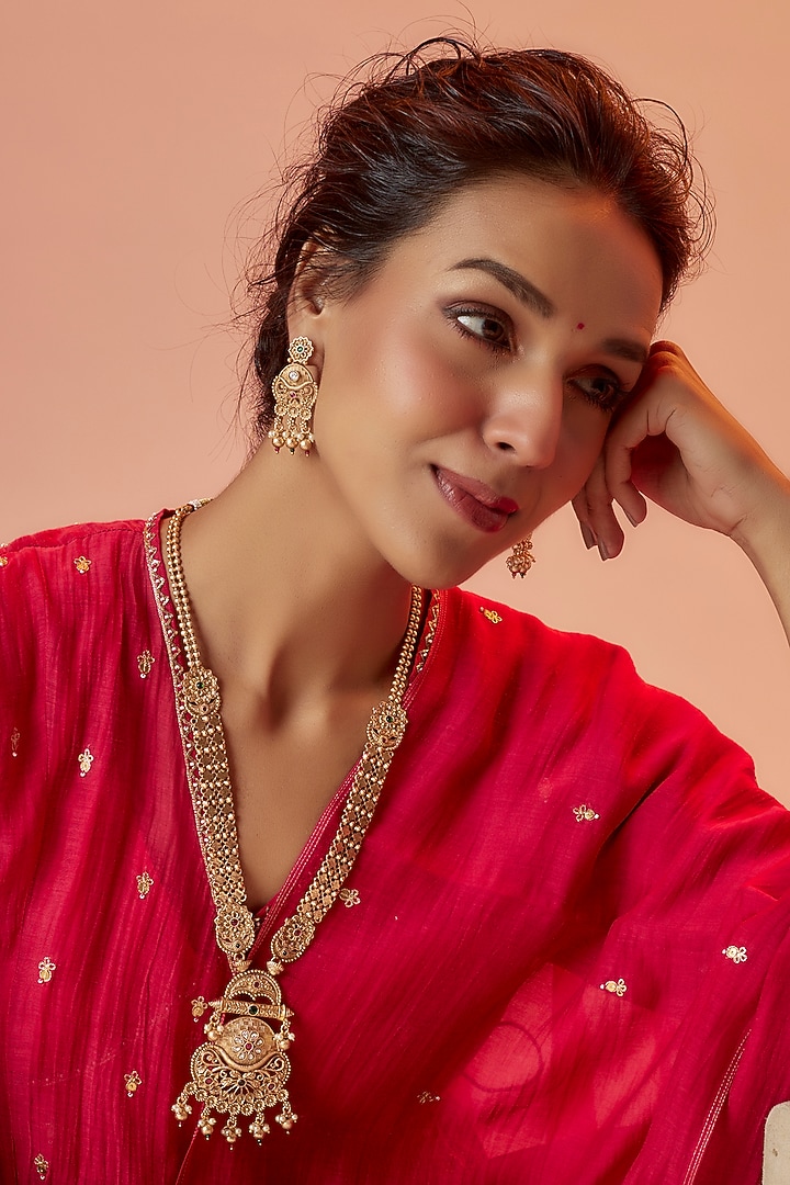 Gold Finish Kundan Polki Temple Long Necklace Set With Multi-Colored Stones by VASTRAA Jewellery at Pernia's Pop Up Shop