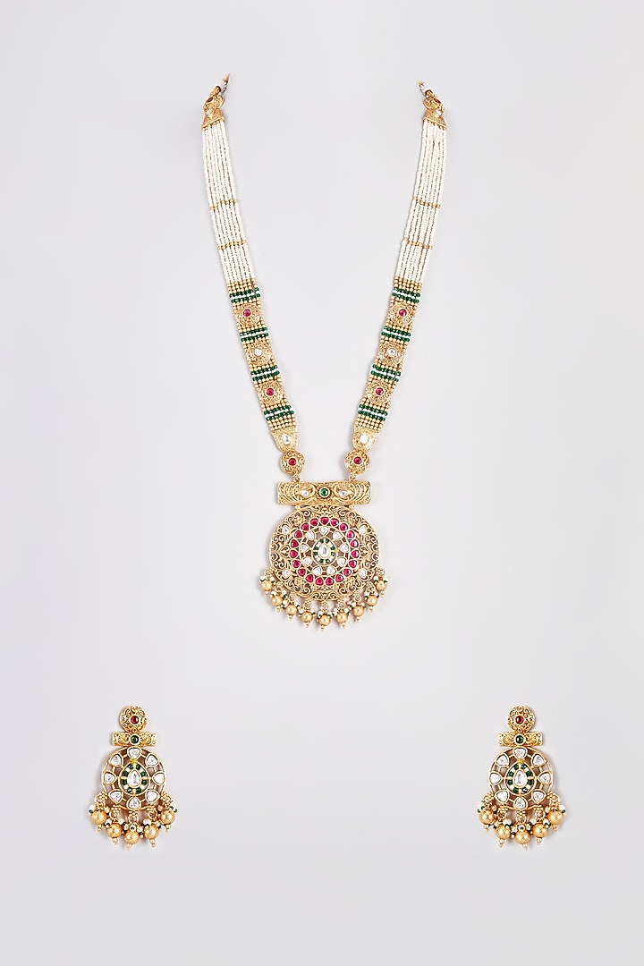Gold Finish Kundan Polki & Pearl Long Temple Necklace Set by VASTRAA Jewellery at Pernia's Pop Up Shop
