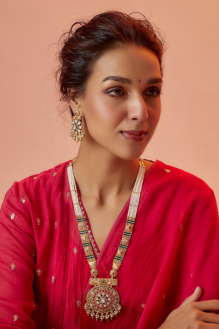 Gold Finish Kundan Polki & Pearl Long Temple Necklace Set by VASTRAA Jewellery at Pernia's Pop Up Shop