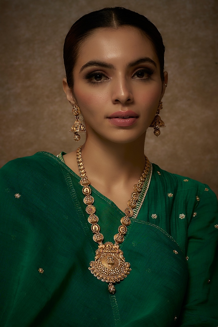 Gold Finish Kundan Polki Temple Long Necklace Set by VASTRAA Jewellery at Pernia's Pop Up Shop
