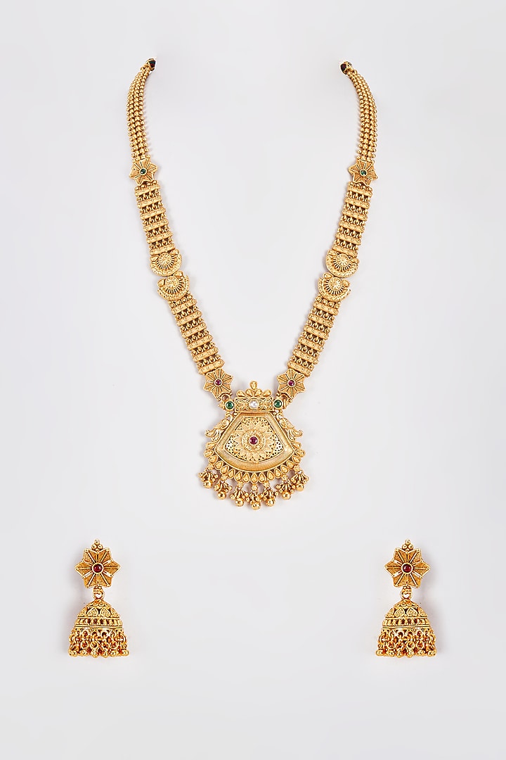 Gold Finish Kundan Polki Long Temple Necklace Set With Red Stones by VASTRAA Jewellery at Pernia's Pop Up Shop