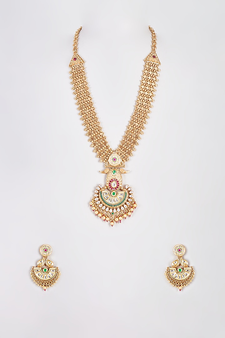 Gold Finish Kundan Polki Long Temple Necklace Set by VASTRAA Jewellery at Pernia's Pop Up Shop