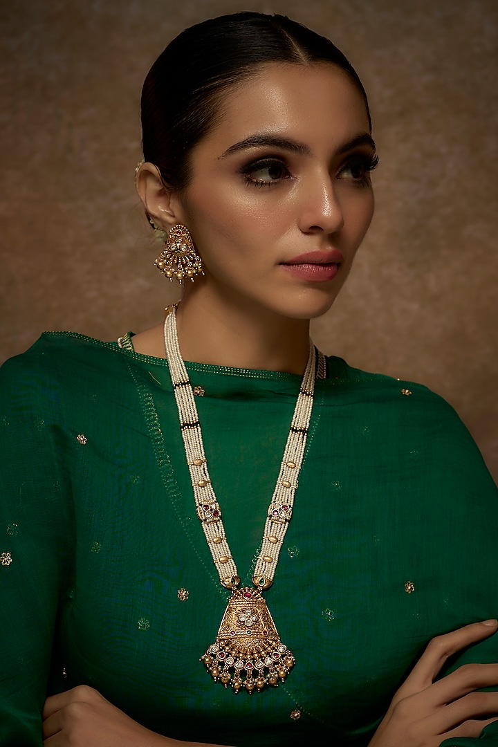 Kreart - Gold Finish Kundan Polki & Pearl String Long Designer Necklace Set for Women at Pernia's Pop-Up Shop