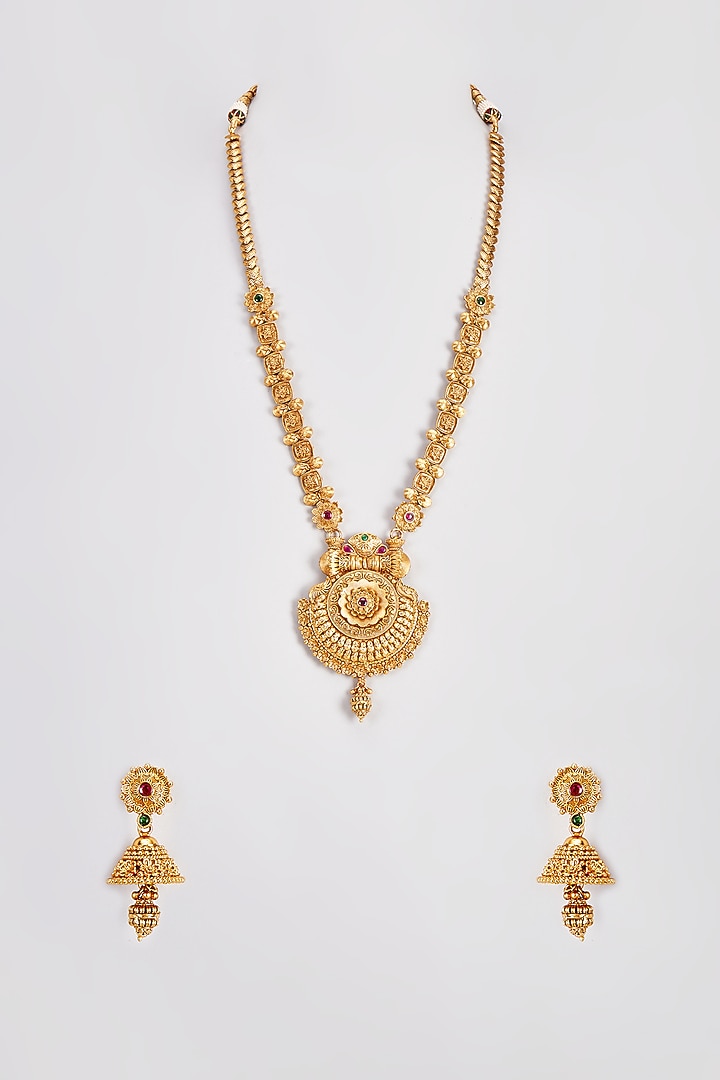 Gold Finish Temple Long Necklace Set by VASTRAA Jewellery at