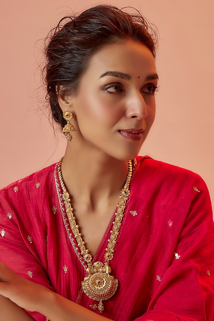 Gold Finish Temple Long Necklace Set by VASTRAA Jewellery at Pernia's Pop Up Shop