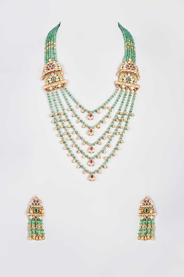 Gold Finish Temple Layered Necklace Set With Red Stones by VASTRAA Jewellery at Pernia's Pop Up Shop