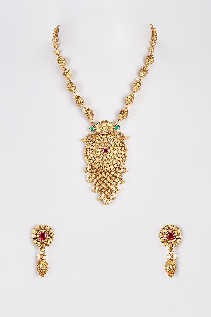 Gold Finish Temple Long Necklace Set With Red Stones by VASTRAA Jewellery at Pernia's Pop Up Shop