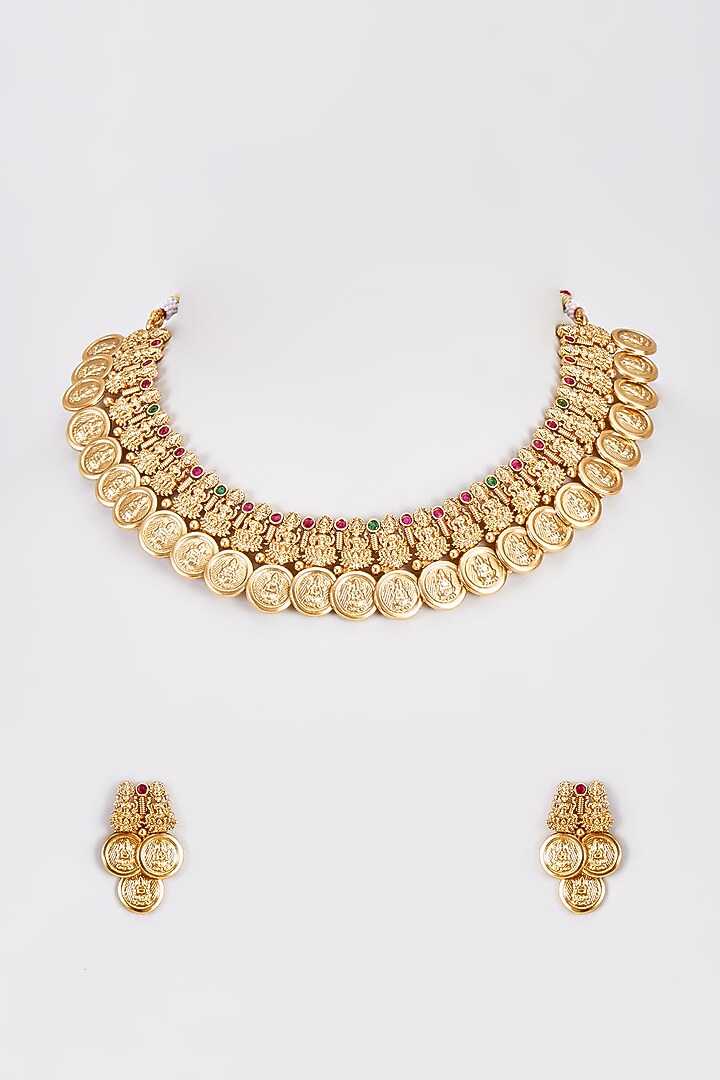 Gold Finish Kundan Polki Temple Necklace Set With Multi-Colored Stones by VASTRAA Jewellery at Pernia's Pop Up Shop